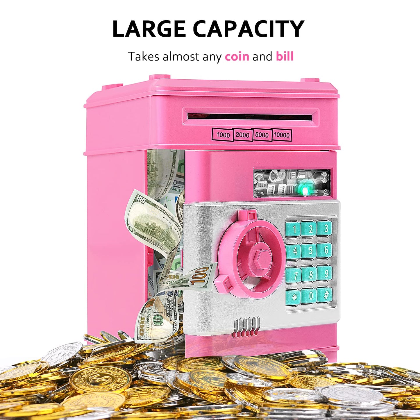 Piggy Bank For Boys Girls, Vcertcpl Atm Coin Bank Money Saving Box With Password, Kids Safe Money Jar With Auto Grab Bill Slot,