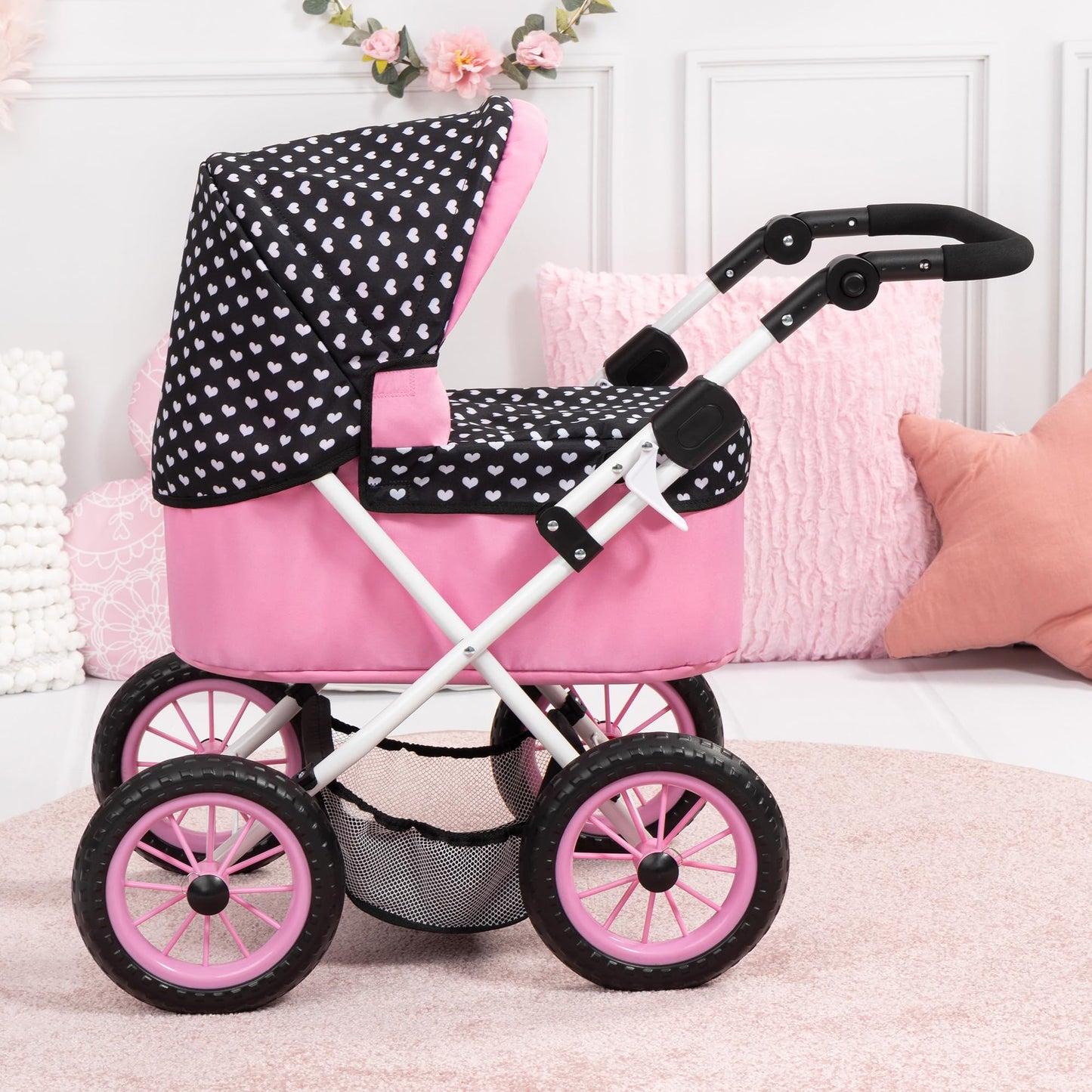 Bayer Design Dolls: Trendy Pram - Hearts Black & Pink - Includes Matching Shoulder Bag, For Dolls Up To 18'', Foldable, Kids Pre