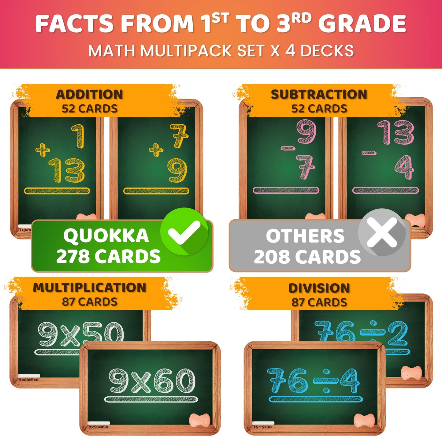 Quokka Math Flash Cards For Kids Ages 4-8 - Addition And Subtraction, Multiplication And Division Games For Kids 5-7 - 278 Double-Sided Flashcards For Studying | Large Bold Fonts | Flash Card Rings