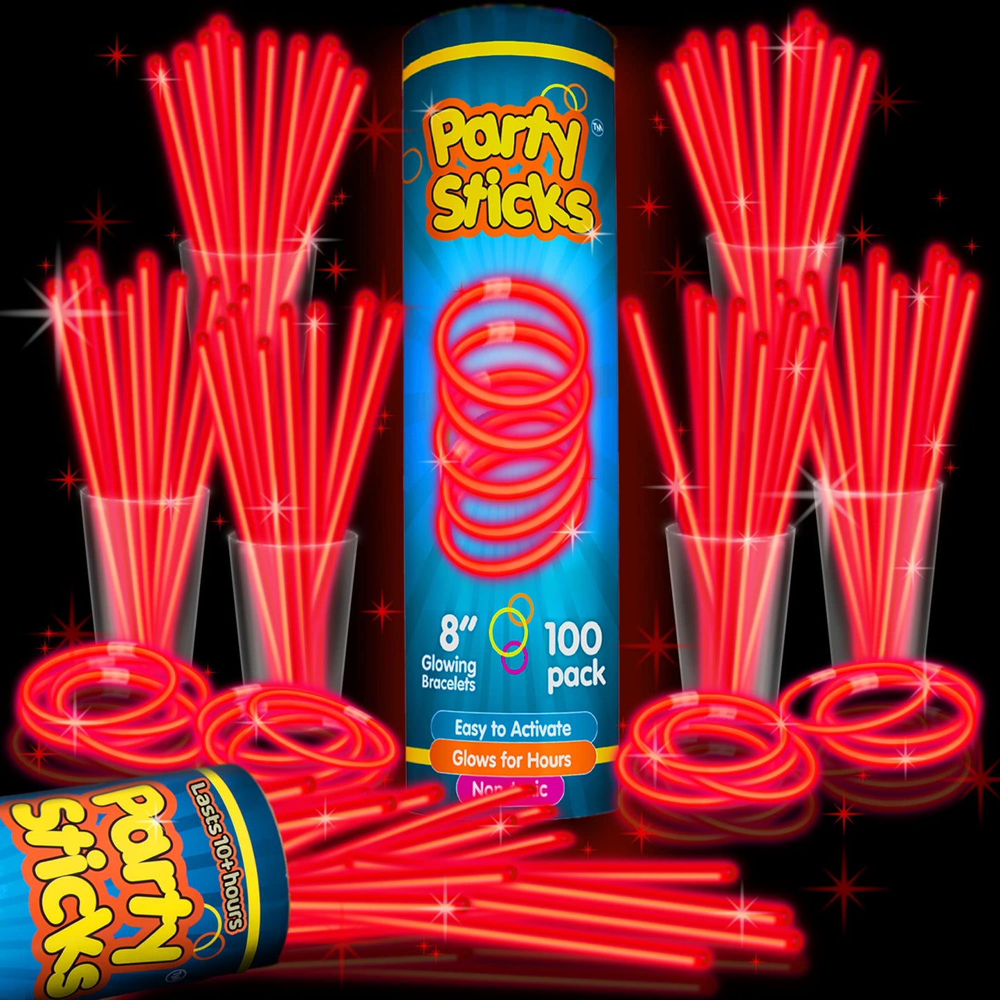 Partysticks Red Glow Sticks Party Supplies 100Pk - 8 Inch Glow In The Dark Light Up Sticks Party Favors, Glow Party Decorations, Neon Party Glow Necklaces And Glow Bracelets With Connectors