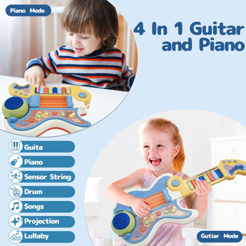 Cozybuy 4-in-1 Toddler Guitar & Piano with Lullaby Projector - Musical Instruments for Kids Ages 2-5, Perfect Gift for Boys & Girls