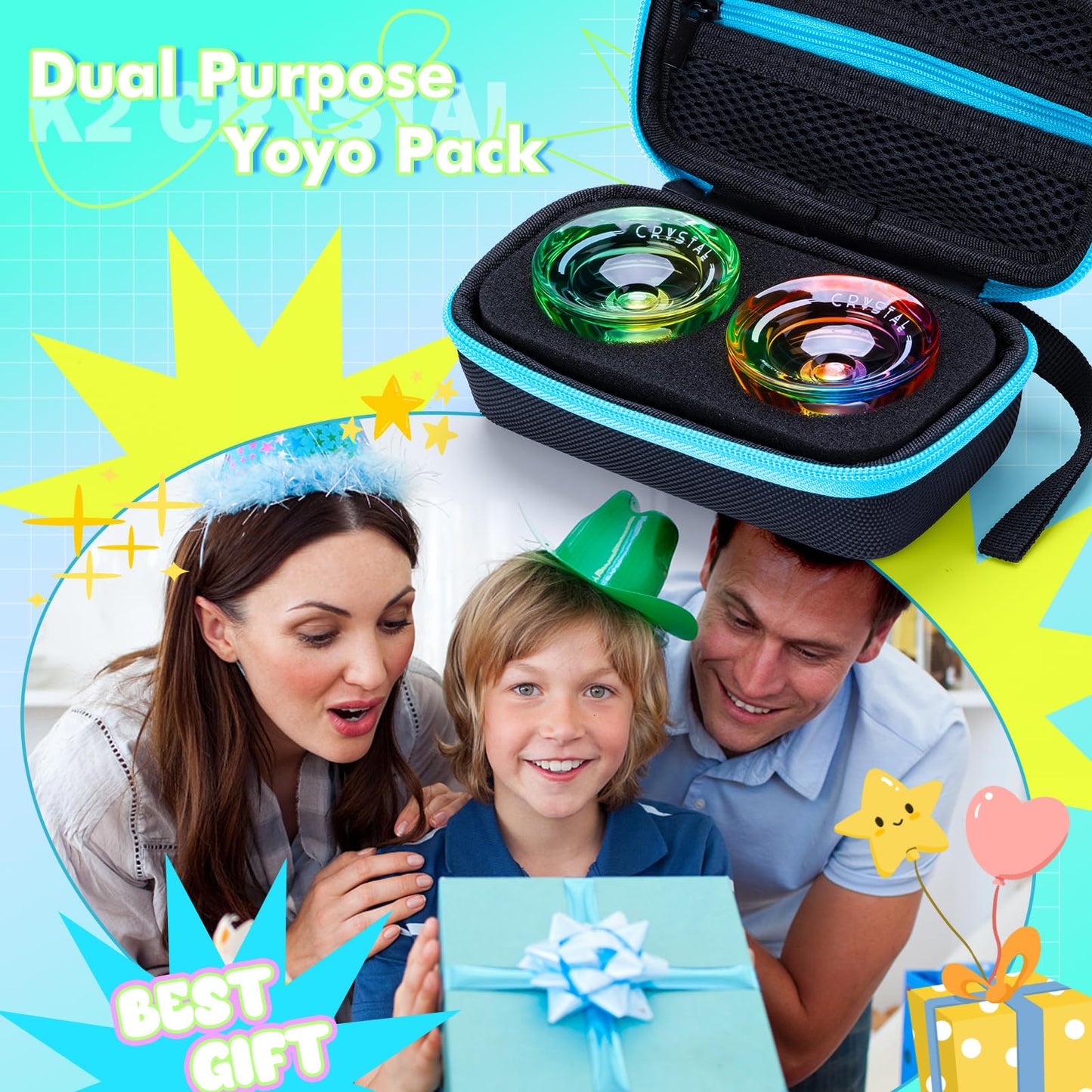 2 Pack of K2 Crystal Responsive YoYo, Plastic Yoyos for Kids Beginner, Dual Purpose Yoyos for Beginners with 12 Yoyo Strings + R