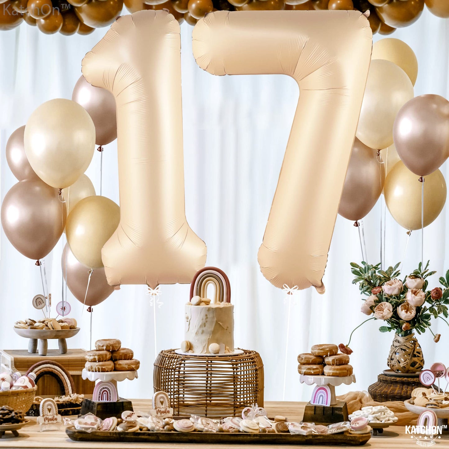 Katchon, Giant Beige Caramel 17 Balloon Numbers - 40 Inch | Happy 17Th Birthday Decorations, 17 Birthday Balloons | Number 17 Balloons For Happy Birthday Decorations | 17 Number Balloons