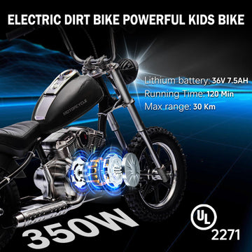 JoyWheels 36V Electric Motorcycle for Kids, 350W Dirt Bike, Max Speed 13.67 MPH, Black, Leather Seat, Supports 132 LB