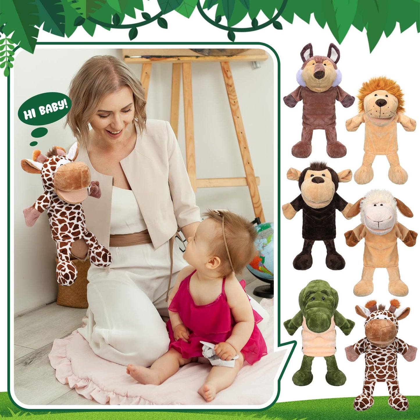 Wettarn 10 Pcs Animal Hand Puppets 12 Inch Soft Plush Plush Puppets Lion Orangutan Giraffe Tiger Pig Elephant Hand Puppets For Boys And Girls Storytelling, Teaching, Role Playing(Funny Style)