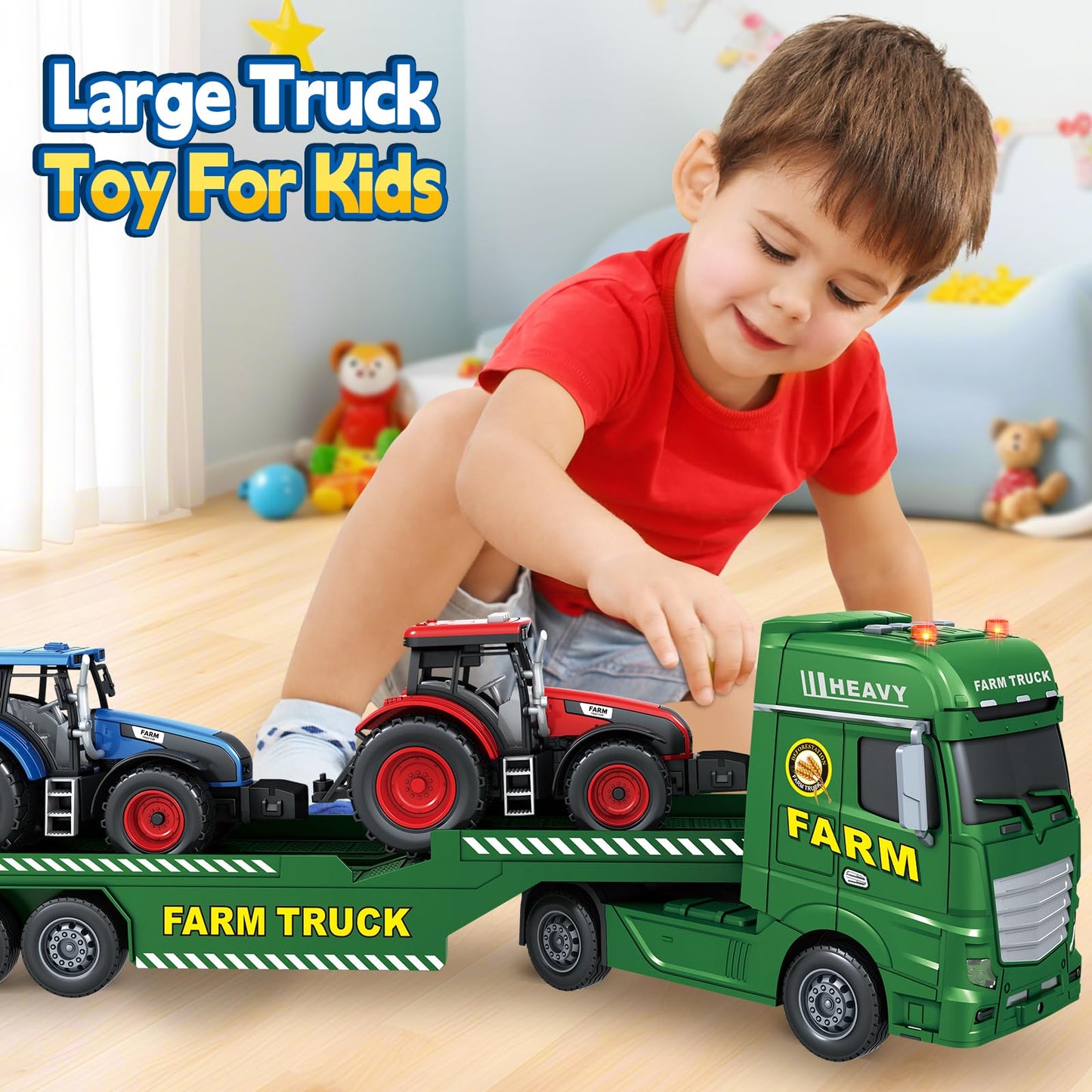 Bstoyder Toddler Boy Toys for 3 4 5 6 7 Years Kids, 25'' Semi Flatbed Truck Toy with 2 Tractors, Friction Powered Vehicles Toys