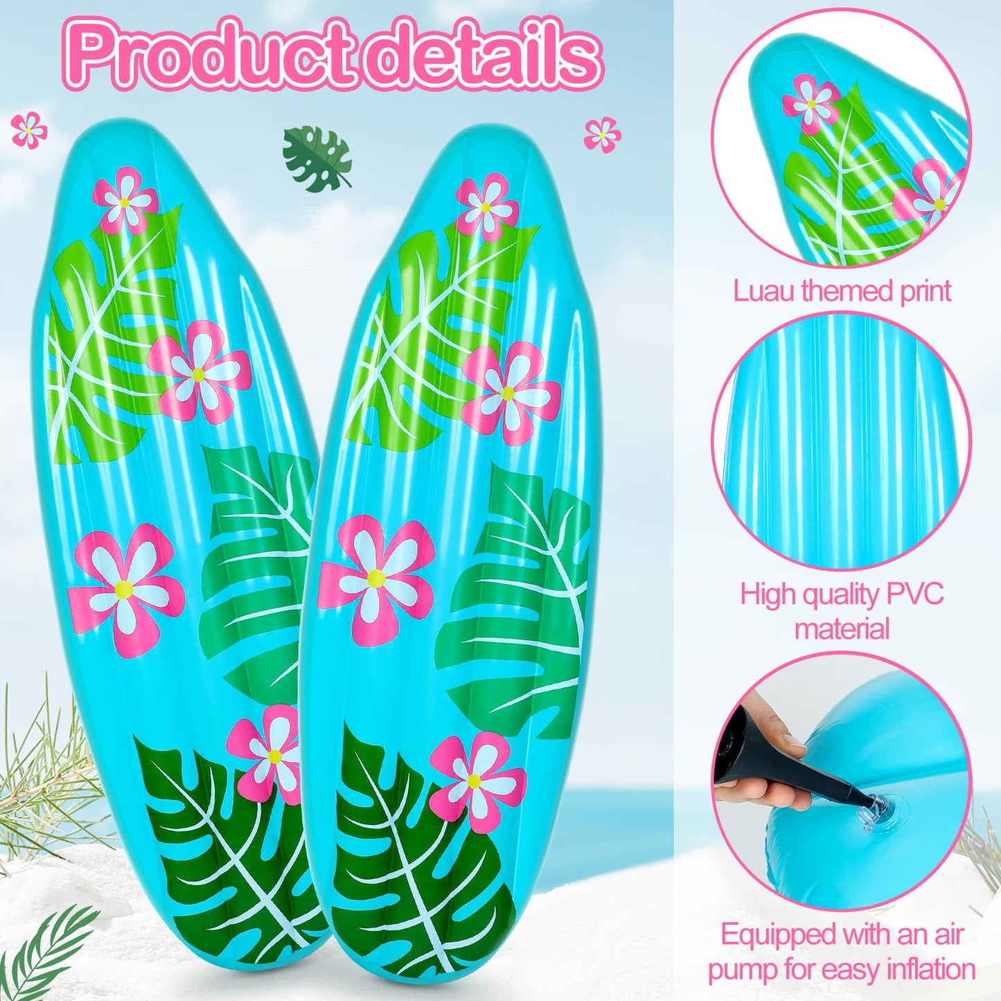 Foilswirl 2 Pcs 3 Ft Luau Inflatable Surfboard For Beach Inflatable Surf Board Luau Decoration Tropical Pool Surfboard Float For