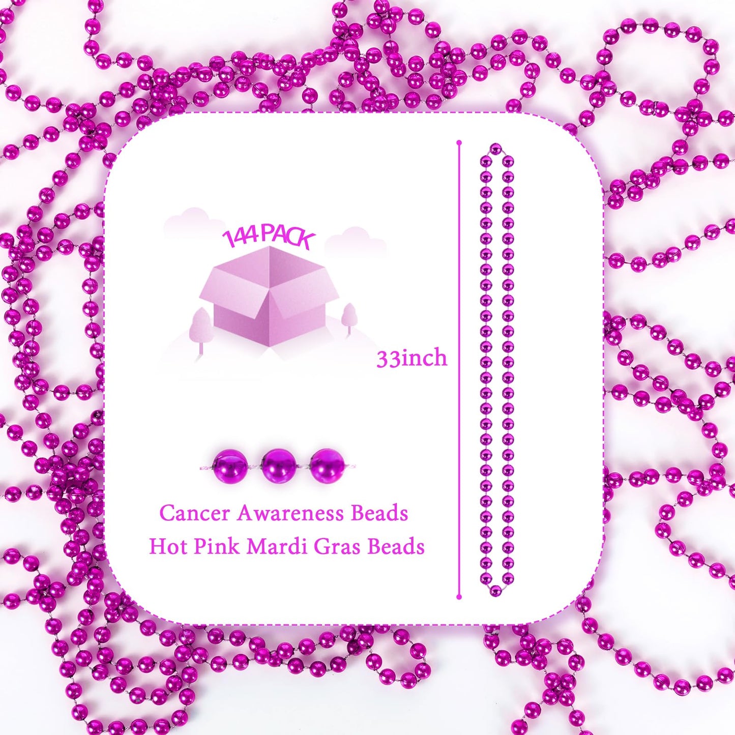 YAXINRUI 144 PCS Hot Pink Bead Necklaces, Pink Mardi Gras Beads, Cancer Awareness Beads Necklaces, Valentine Necklace, 33 Inch R