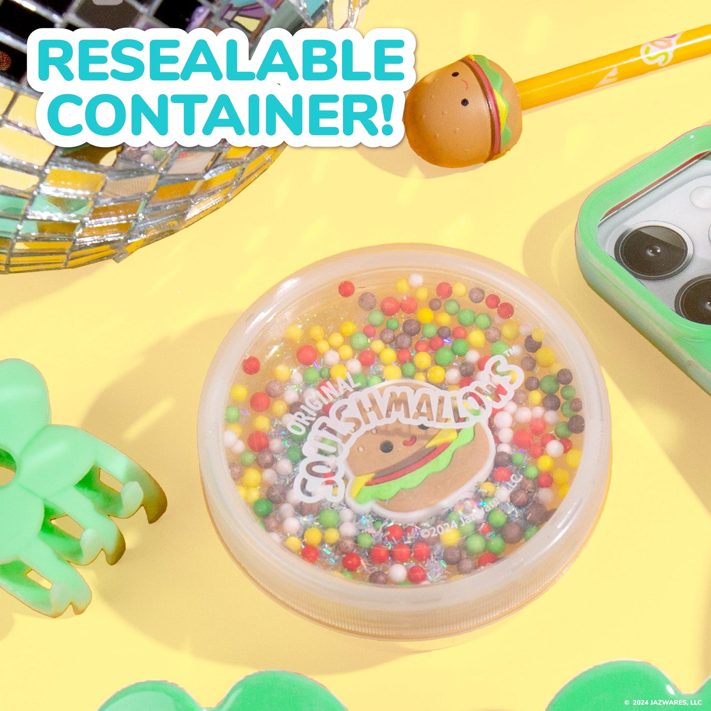 Original Squishmallows Glitter Carl The Burger Charm, Vanilla-Scented Slime, 3 Slime Add-Ins, Pre-Made Sludge Toy For Kids, Grea