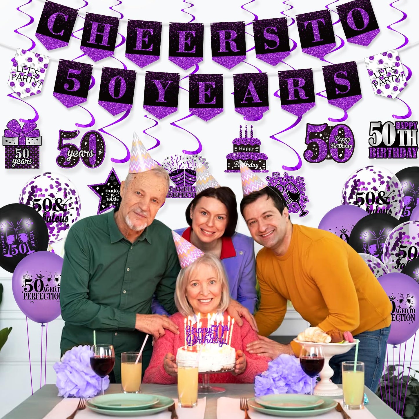 Purple 50Th Birthday Decorations For Women Men Purple Black 50Th Birthday Banner Hanging Swirls 50Th Birthday Balloons Happy 50Th Birthday Cake Topper For Purple Cheer To 50 Years Party Supplies