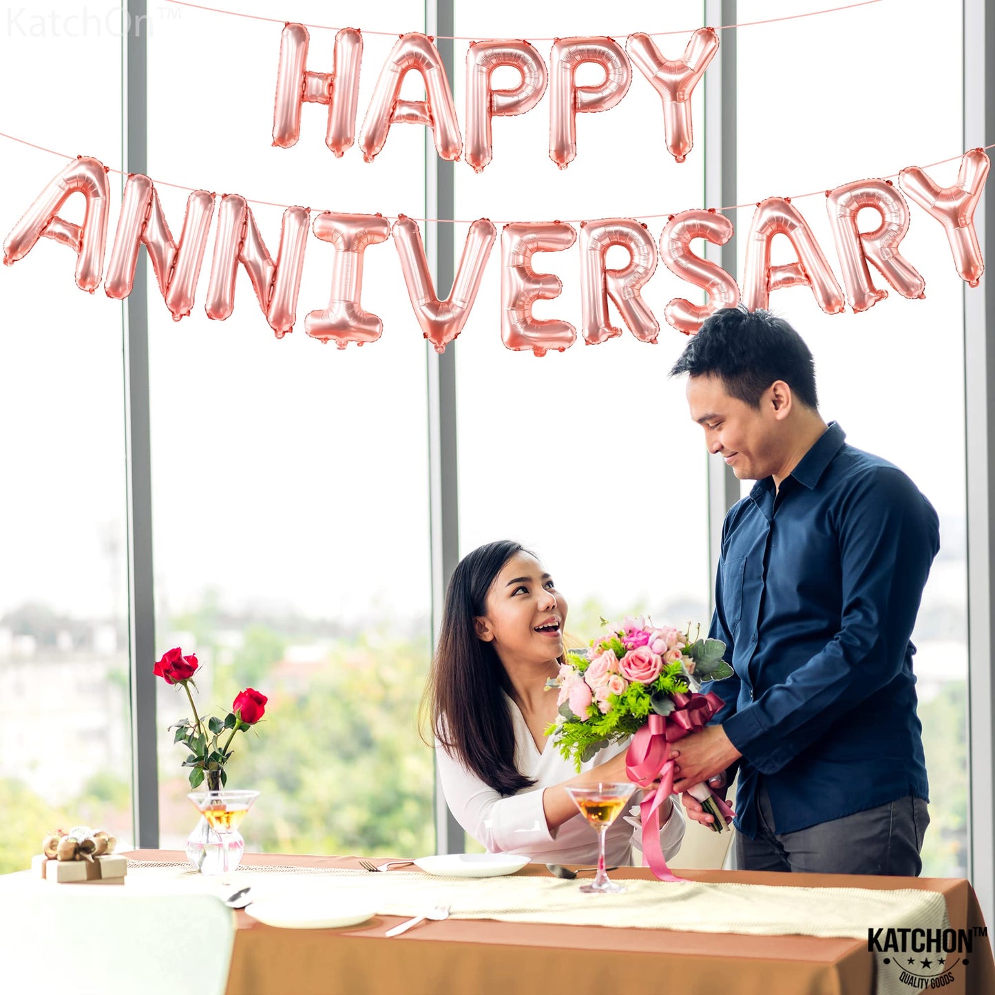 Katchon, Rose Gold Happy Anniversary Balloons Letters - 16 Inch | Happy Anniversary Banner For Happy Anniversary Decorations | Rose Gold Happy Anniversary Backdrop | Happy Anniversary Balloon Banner