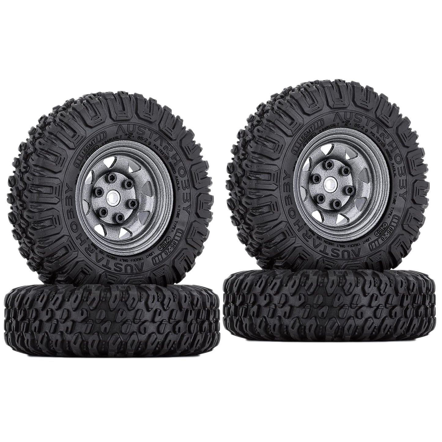 WONFAST 4PCS 1.55 inch 85mm Rubber Terrain Crawler Tires Metal Beadlock Wheel Rims Tires Set Compatible with 1/10 RC Crawler Car