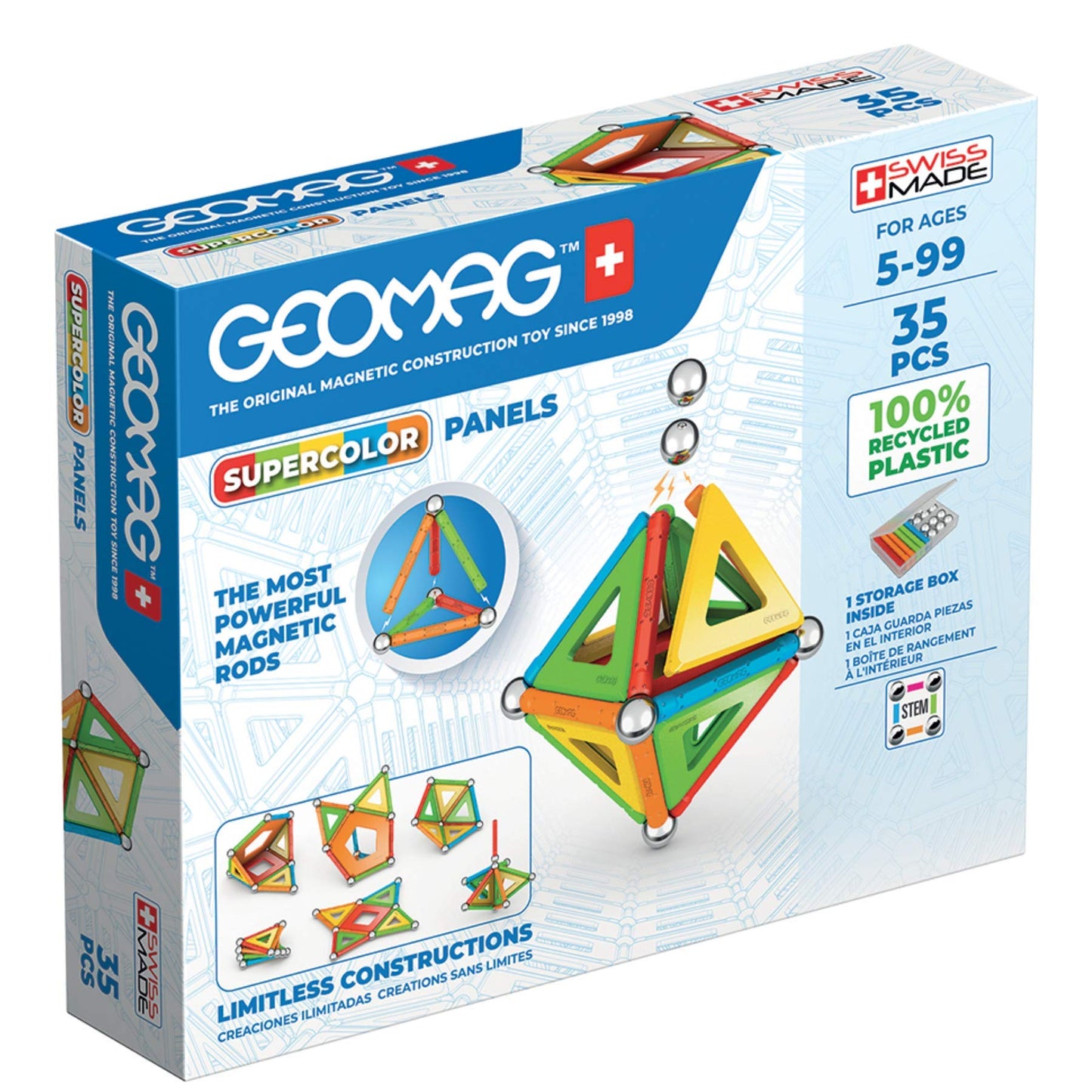 Geomag Magnetic Toys | Magnets For Kids | Stem-Endorsed Educational Building Set | 100% Recycled Plastic Supercolor Panels | Storage Box | 35-Pieces | Age 5+