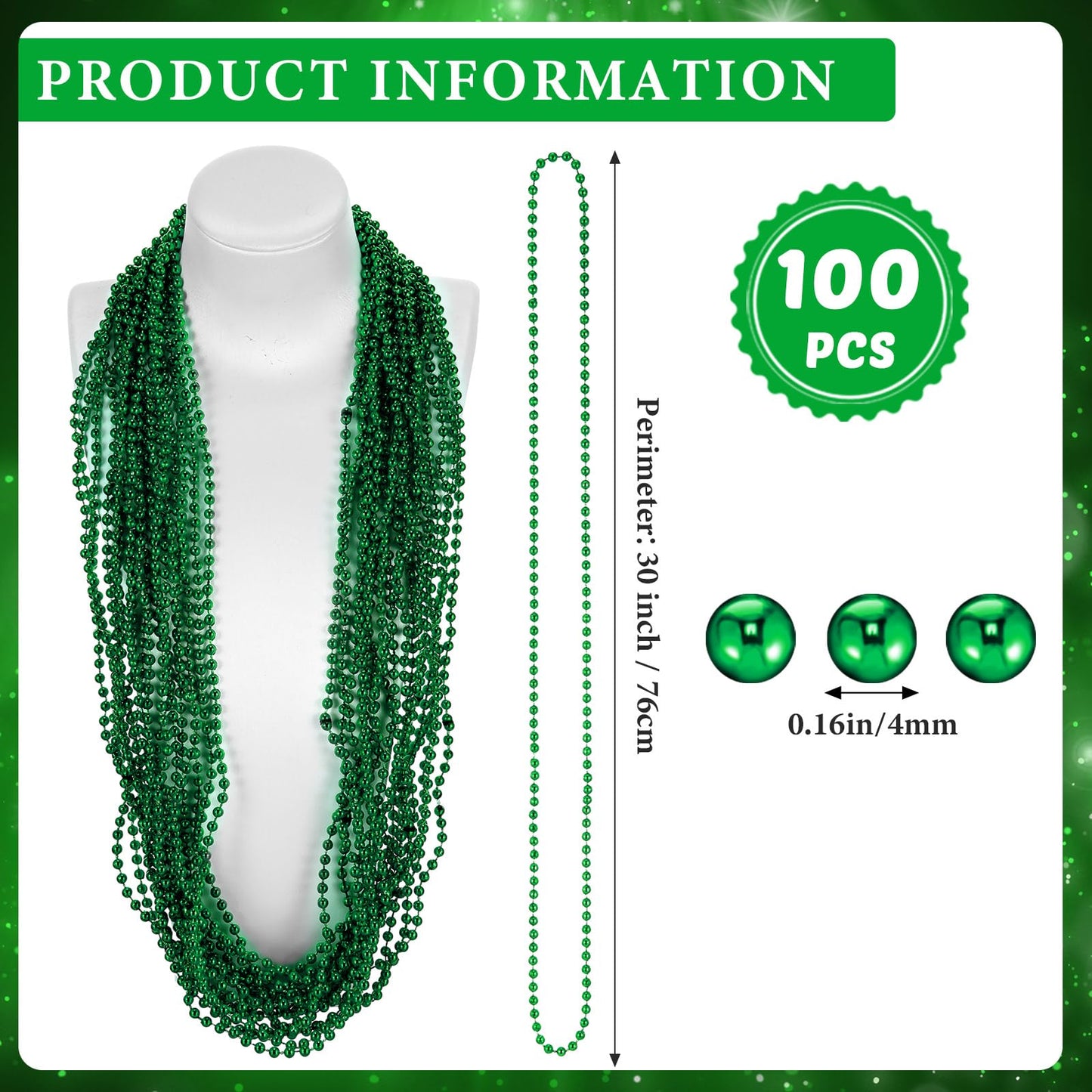 Tigeen 100 Pcs Mardi Gras Beads Necklaces Bulk 30'' Metallic Beaded Necklace for Carnival Madi Gras Parade School Spirit Wear(Gr