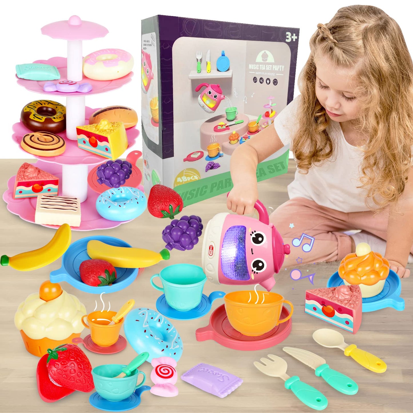 Tea Set for Little Girls 1-3, 48 PCS Tea Party Set for Toddler Little Girls 3-5 with Teapot Tea Cup Music & Light Play Food Toy