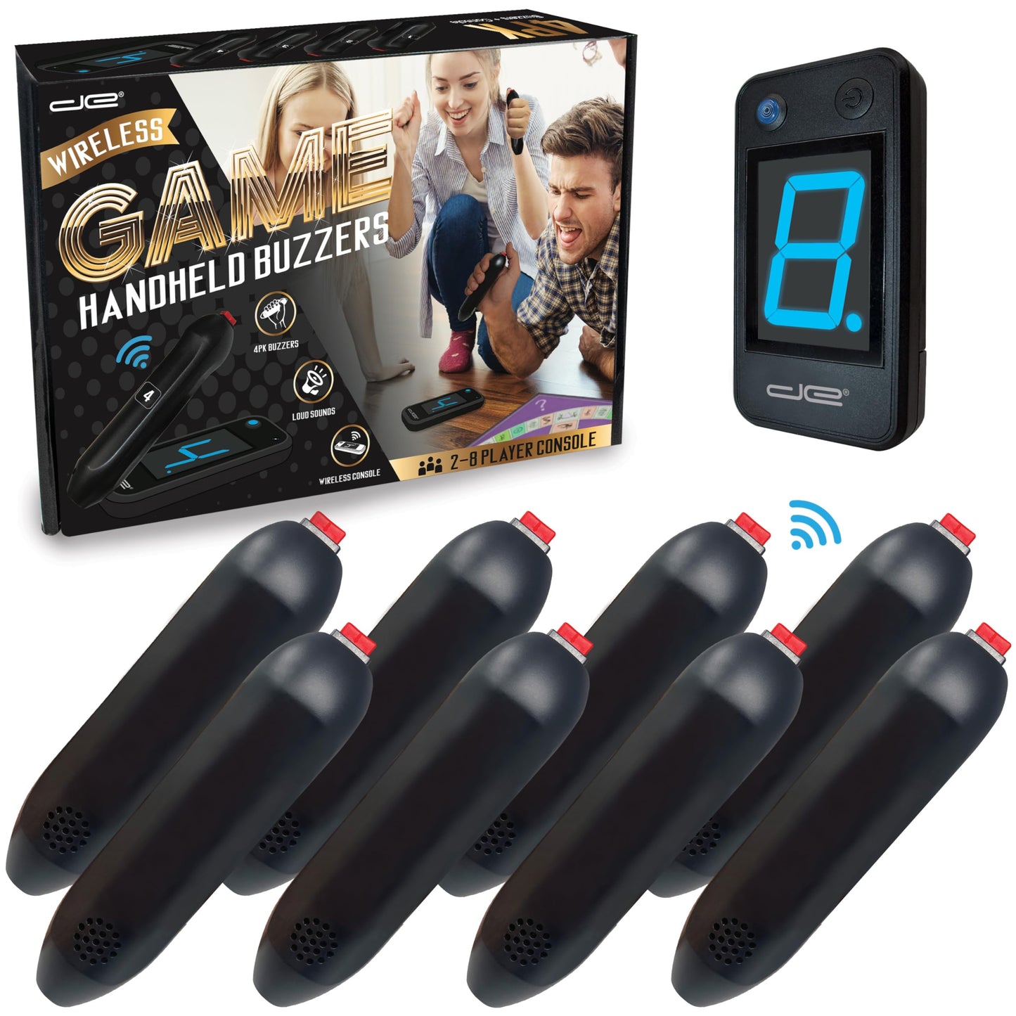 Digital Energy Wireless Handheld Game Buzzer System - Console Displays First Buzz-In - Great For Jeopardy, Family Feud, Trivia And Buzzer Games - 8 Joystick Buzzers