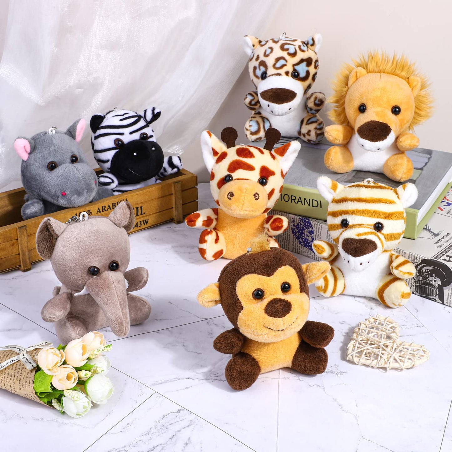 Elcoho 16 Pieces Safari Mini Stuffed Jungle Animal Set Small Stuffed Forest Animal 3.75 Inch Animal Keychain Plush Toys For Animal Themed Parties Kids Birthday(Sitting)