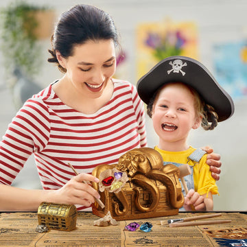 Xxtoys Jumbo Pirate Dig Kit - Dig Up 12 Pirate Treasures, Gemstones, Gold Coins - Pirate Toys For Kids - Great Birthday Party Supplies, Gifts Idea For Boys & Girls - Includes Treasure Chest