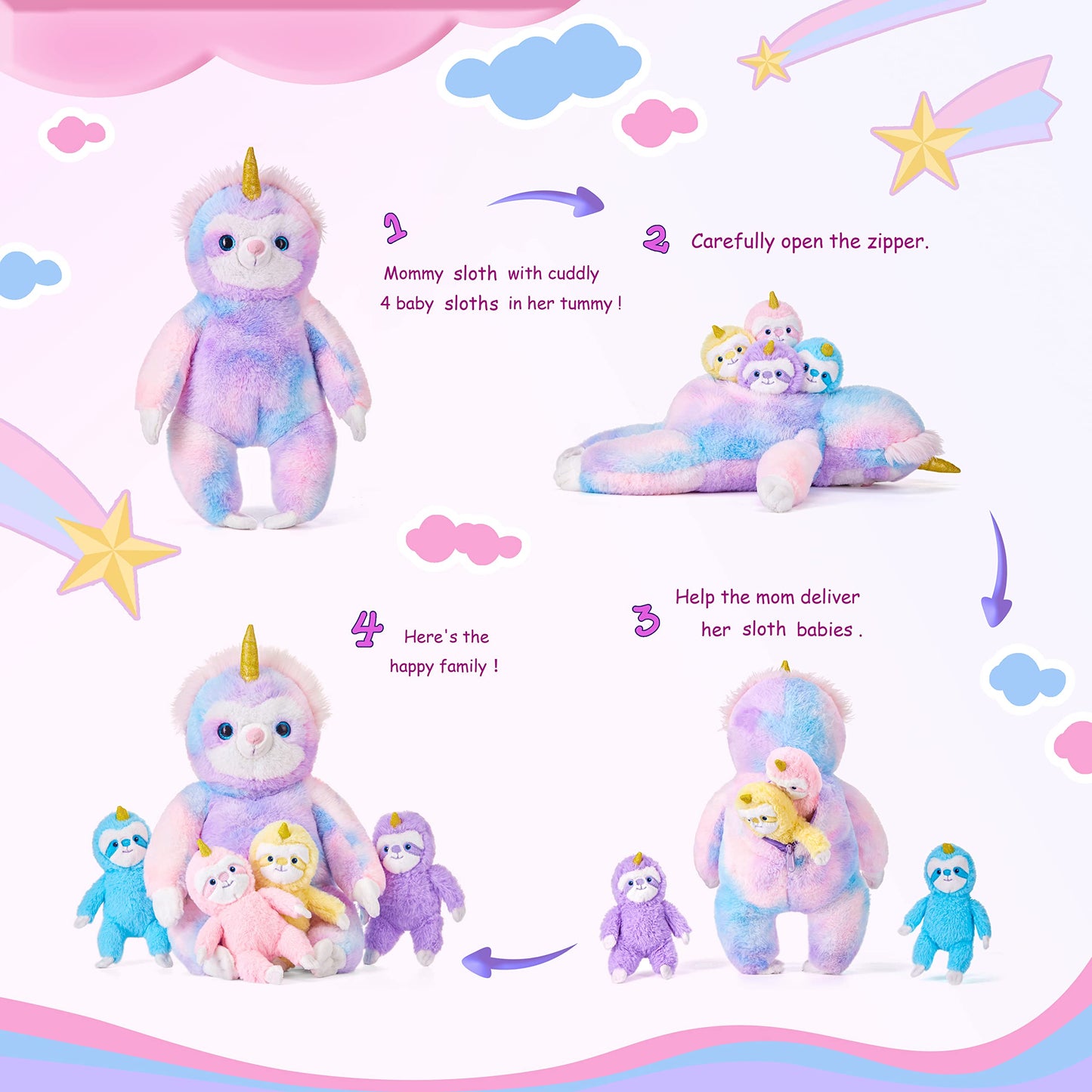 Ikasa Mommy Sloth Stuffed Animal Mom And Baby Plush Toy,Cute 20' Soft Small Fluffy Mama Family Set With Little Mini Babies,Gifts For Kids