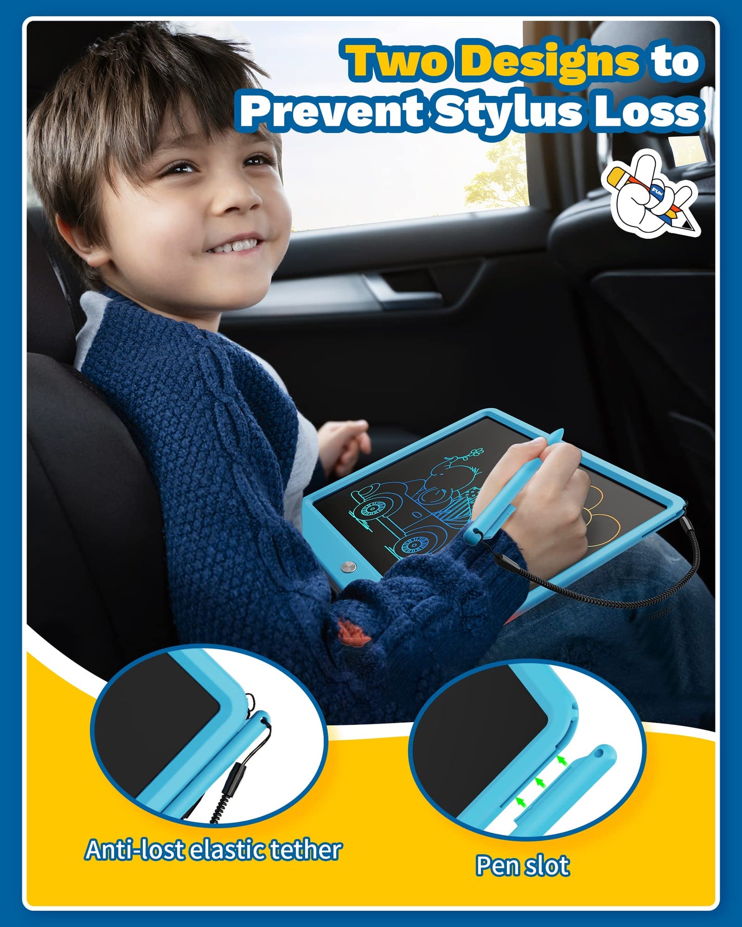 Tekfun Large Screen 12Inch Lcd Writing Tablet With Anti-Lost Stylus, Erasable Doodle Board No Mess Drawing Pad, Car Trip Travel