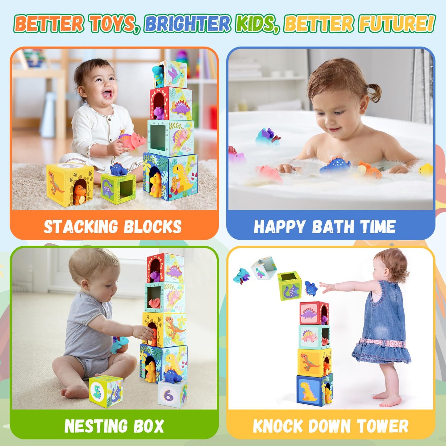 KMTJT Dinosaur Sorting and Stacking Toys for Toddlers, Montessori Learning Blocks, Multicolor, Ideal for 1-3 Year Olds