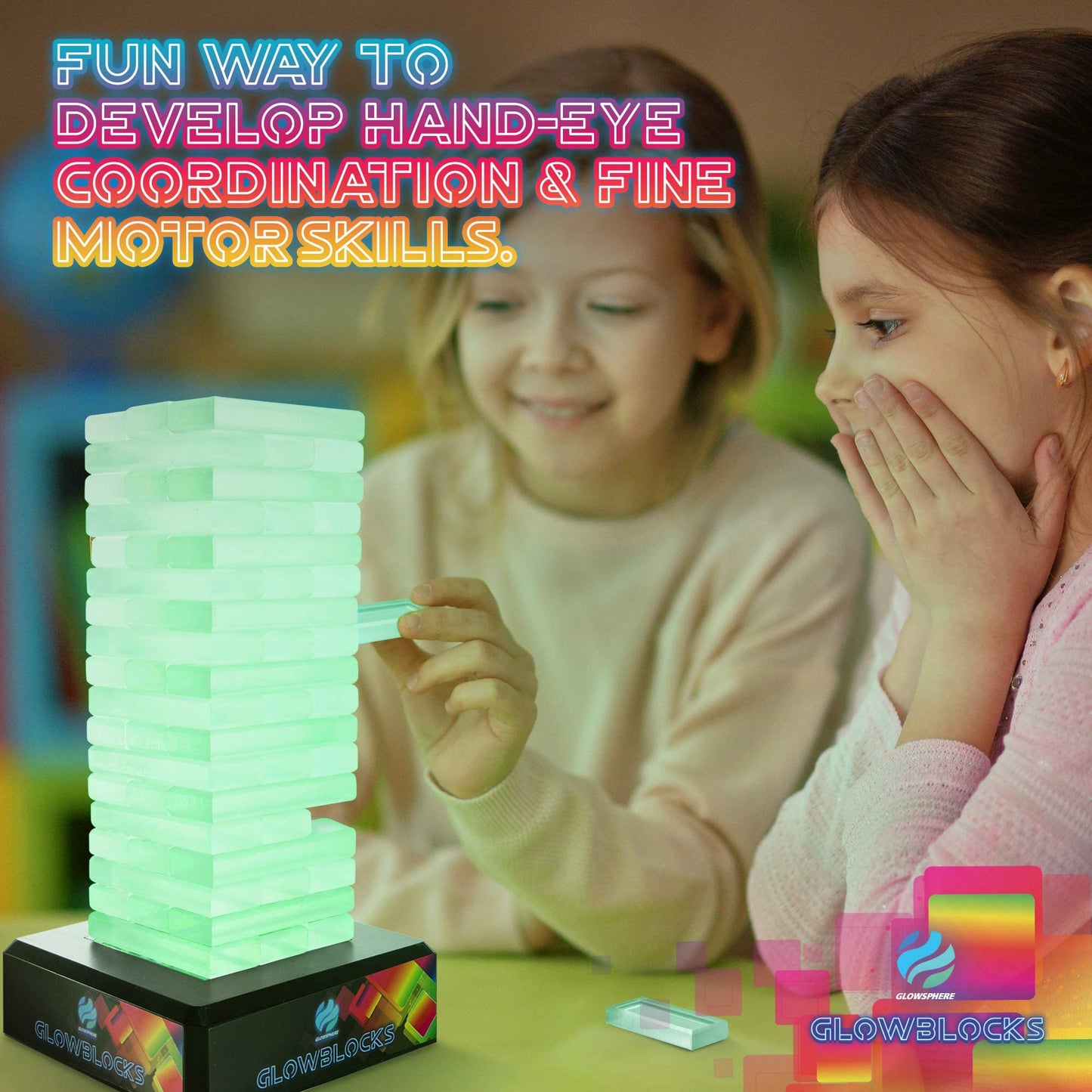 Glowblocks LED Tumbling Tower Game by Glowsphere - Colorful Stacking Game for Kids & Adults - Fun Indoor Family Game Night Activity