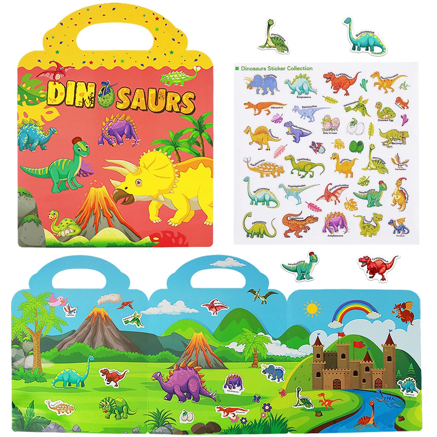 Reusable Sticker Books For Kids, Travel Removable Toddler Dinosaur Sticker Books For 3 4 5 Year Old Girls Boys Birthday Gifts Educational Learning Toys