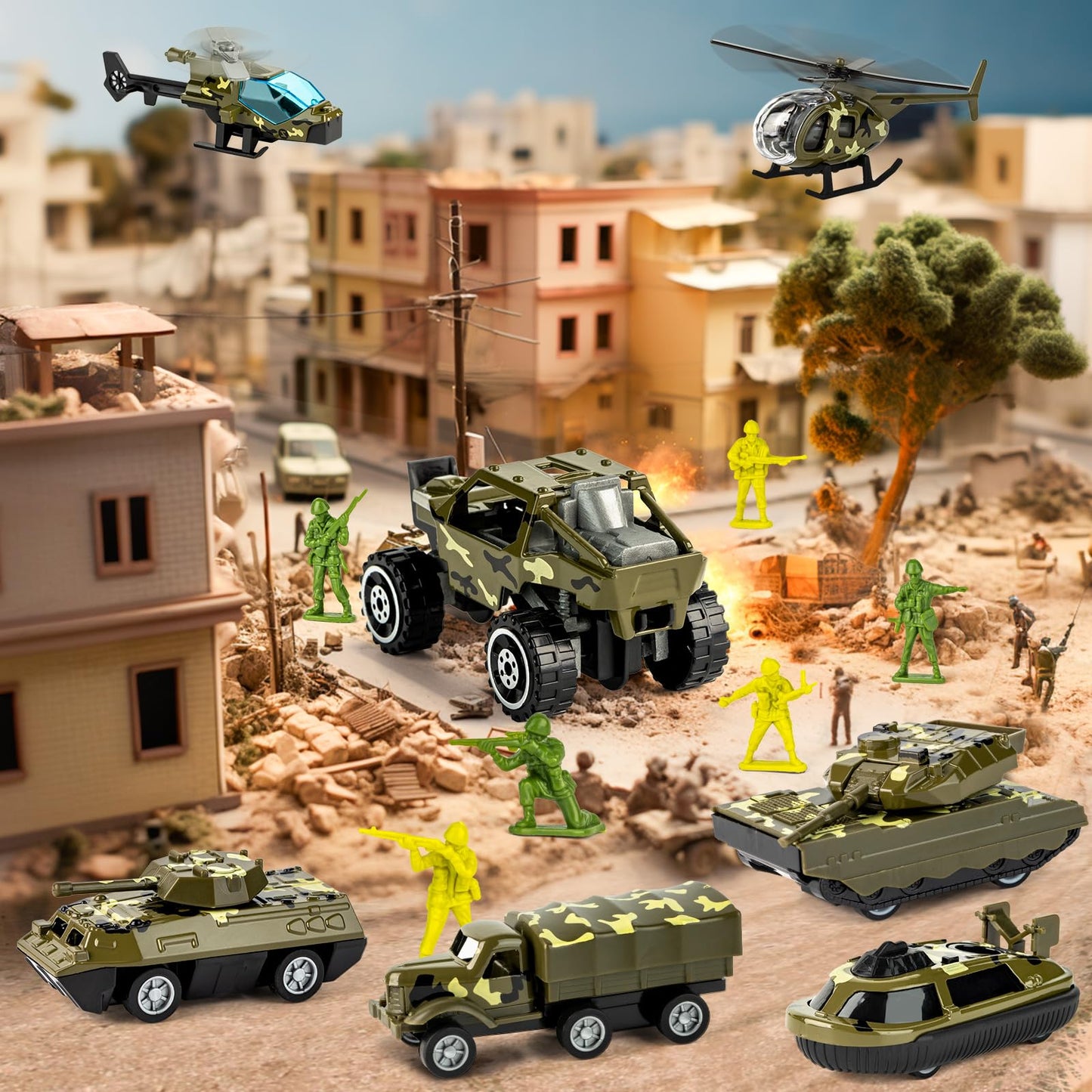Doloowee 14 in 1 Green Military Truck Toys, Army Tanks Set with Soldier Men, Army Men Toys, Military Truck Toy with Lights and S