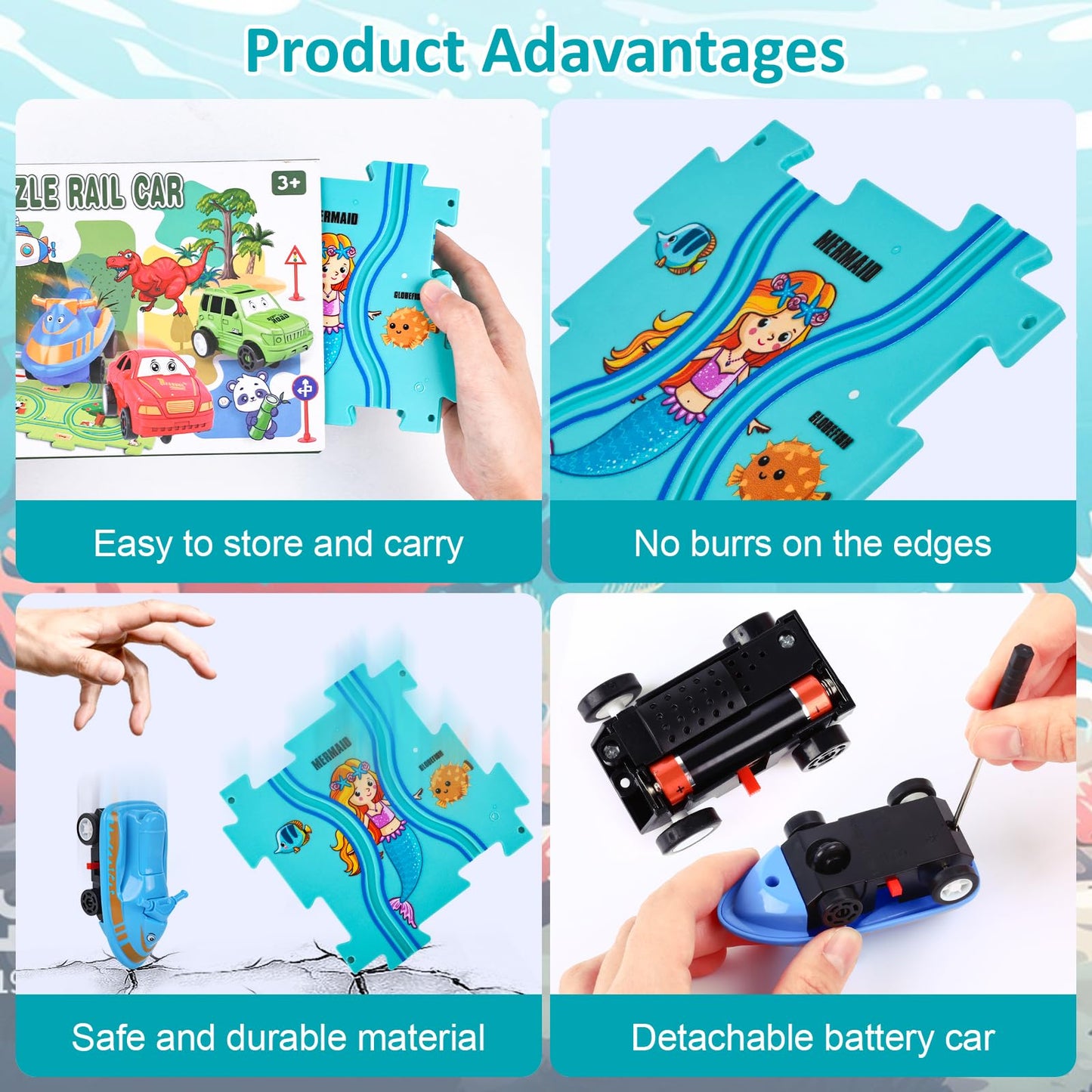 25Pcs Puzzle Racer Kids Car Track Set, Rail Car Puzzle Track Ocean Themed Series, Puzzle Track Car Play Set, Toddler Puzzle Trac