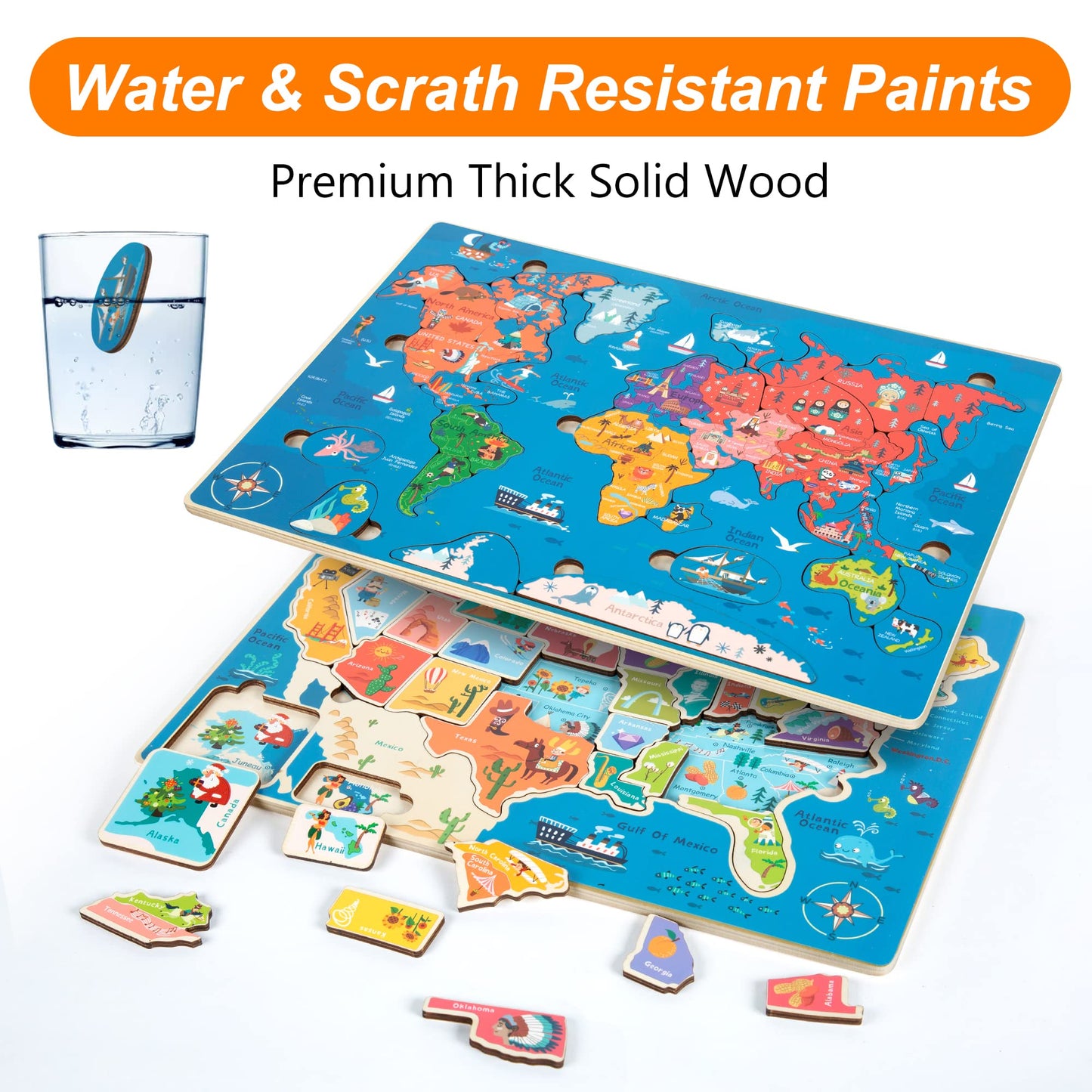2 Pack Puzzles For Kids Ages 4-6, Wooden Puzzles For Toddlers, Busy Board, Map Jigsaw Puzzle Educational Wood Floor Puzzle, World Usa Maps Puzzles Toy Gift For Boys And Girls (Us & World Map)