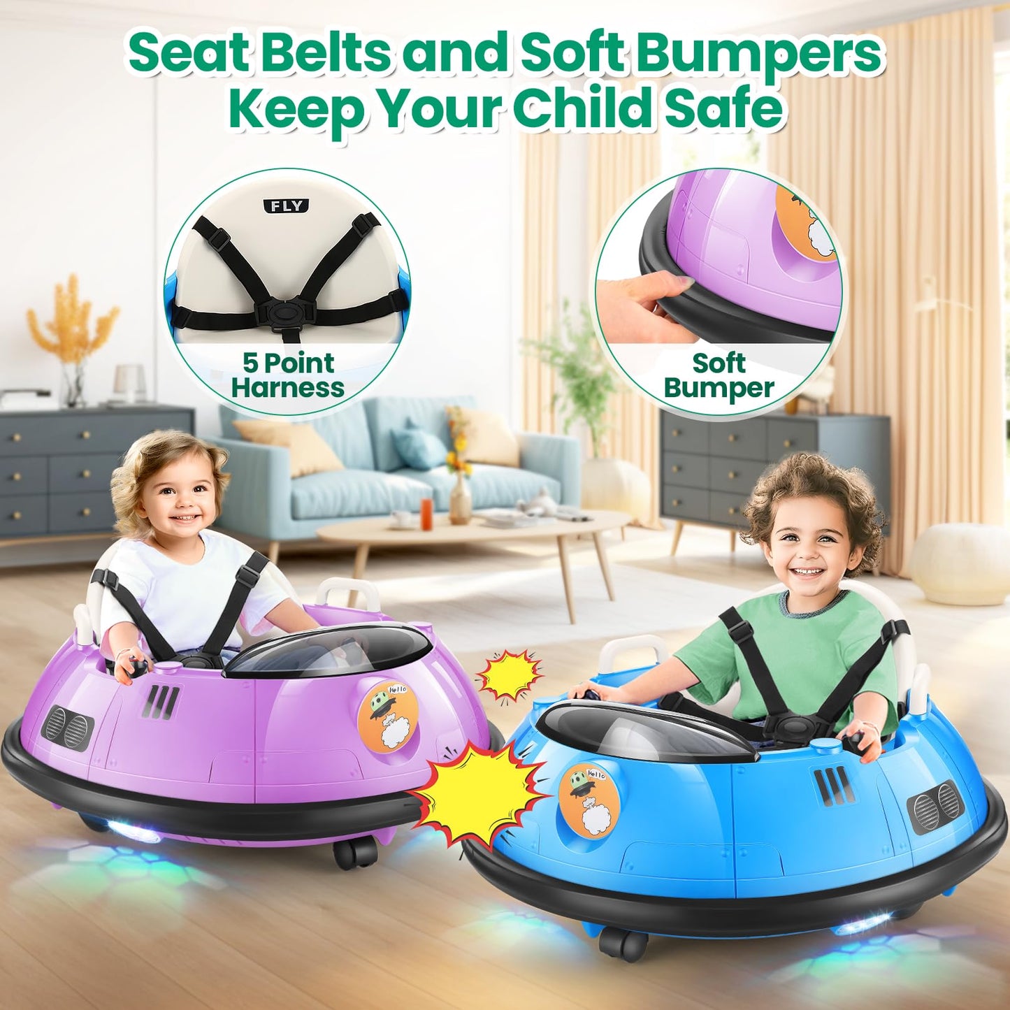 Hikole Electric Bumper Car For Kids, Baby Bumping Toy Car With Remote Control, Flashing Led Lights, 360 Degree Spin, Safety Belt, Gift For Boys Girls, Blue