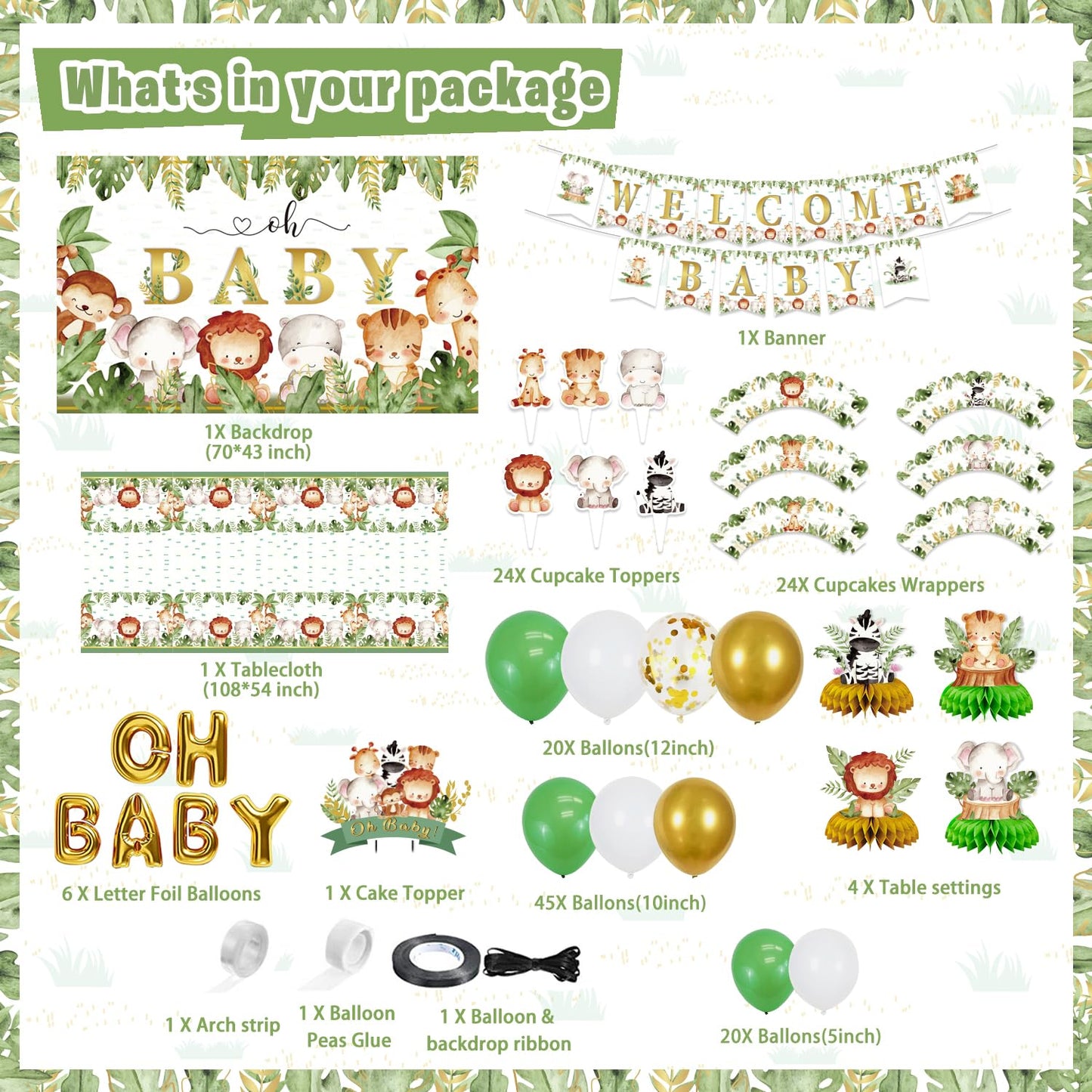 Safari Jungle Baby Shower Decorations, Jungle Animal Party Supplies Decor For Boy Girl Showers Birthdays With Banners Cake Toppe
