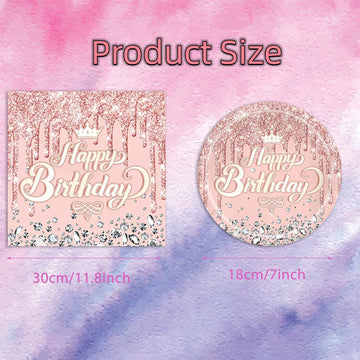 Rose Gold Birthday Decorations-20 Plates and 20 Napkins, Pink Rose Gold Theme Happy Birthday Party Decoration for Kids(Rose Gold