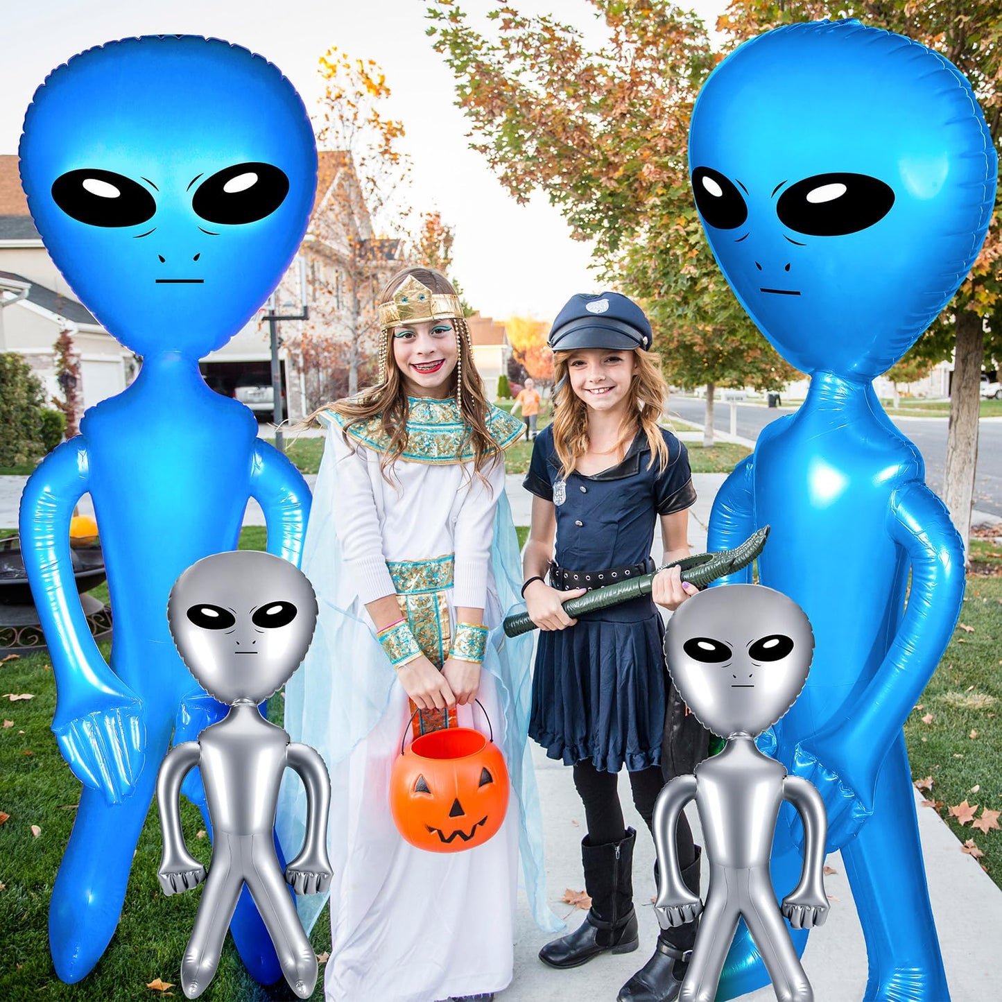 Zhanmai 4 Pcs 63 Inch 35 Inch Inflatable Alien Jumbo Alien Party Decorations Alien Balloon Inflate Alien For Halloween Party Favors(Silver, Blue)