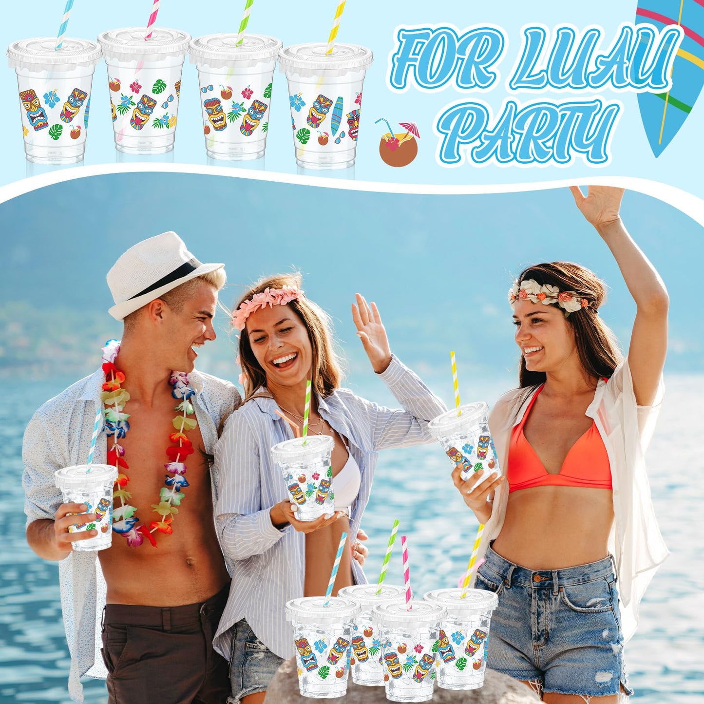 Foldtier Hawaiian Party Decorations Cups 12 Oz Luau Party Decorations Plastic Cold Drinks Cups Tiki Cups Clear Disposable Cups W