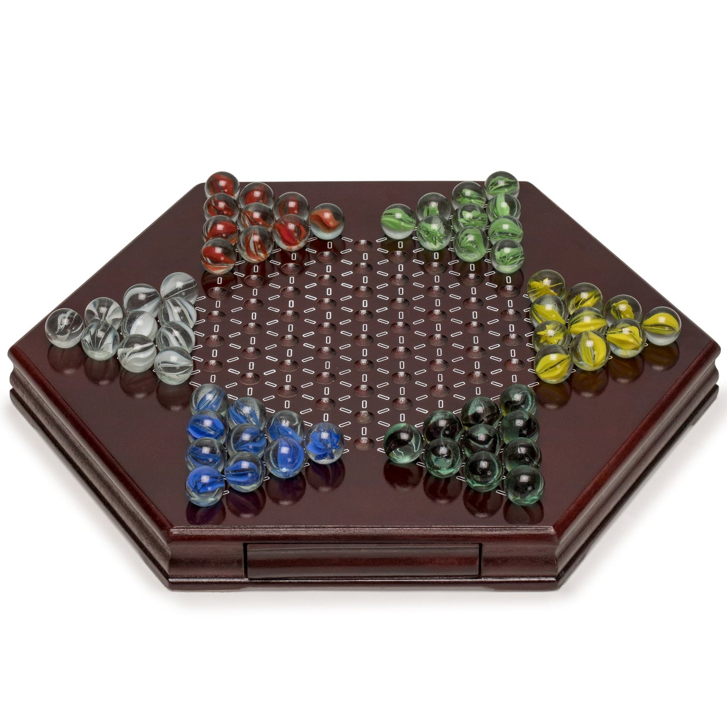 Yellow Mountain Imports Wooden Chinese Checkers Halma Board Game Set (12-Inch) with Storage Drawer and 60 Colored Glass Marbles
