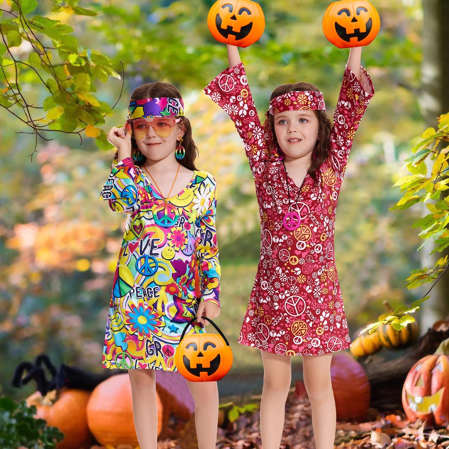 MRYUWB 70s Hippie Dress for Girls, 1970s Outfits Peace Sign Necklace Headband, 60s Themed Party Costumes for Kids 5-14 Years (Pe