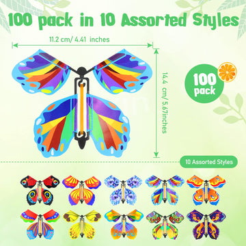 100 Pcs Magic Flying Butterfly Fairy Flying Colorful Wind Up Butterfly In The Book Rubber Band Powered Greeting Card Surprise Gift, 10 Styles