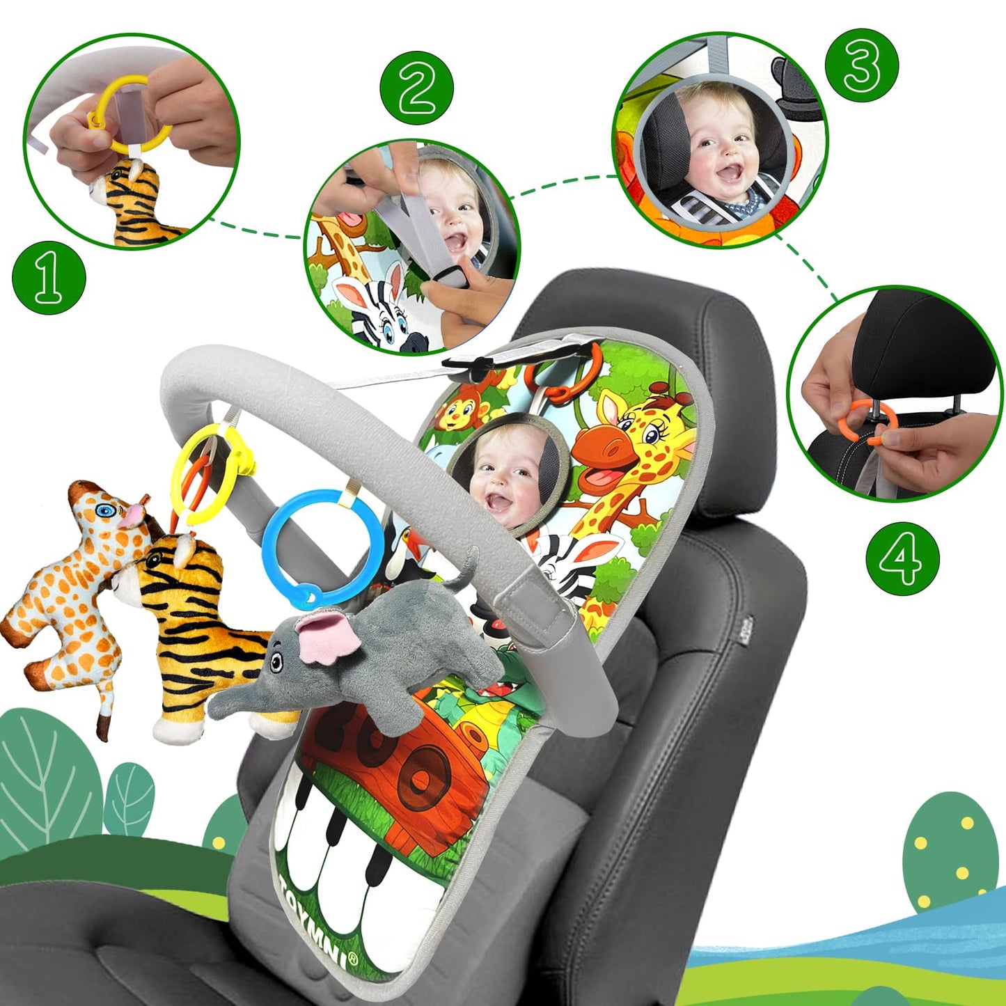 Toymni Car Seat Toys For Baby Toys 6 To 12 Months, Carseat Toys With Musical Pedal Piano, Baby Travel Toys With Baby Mirror And