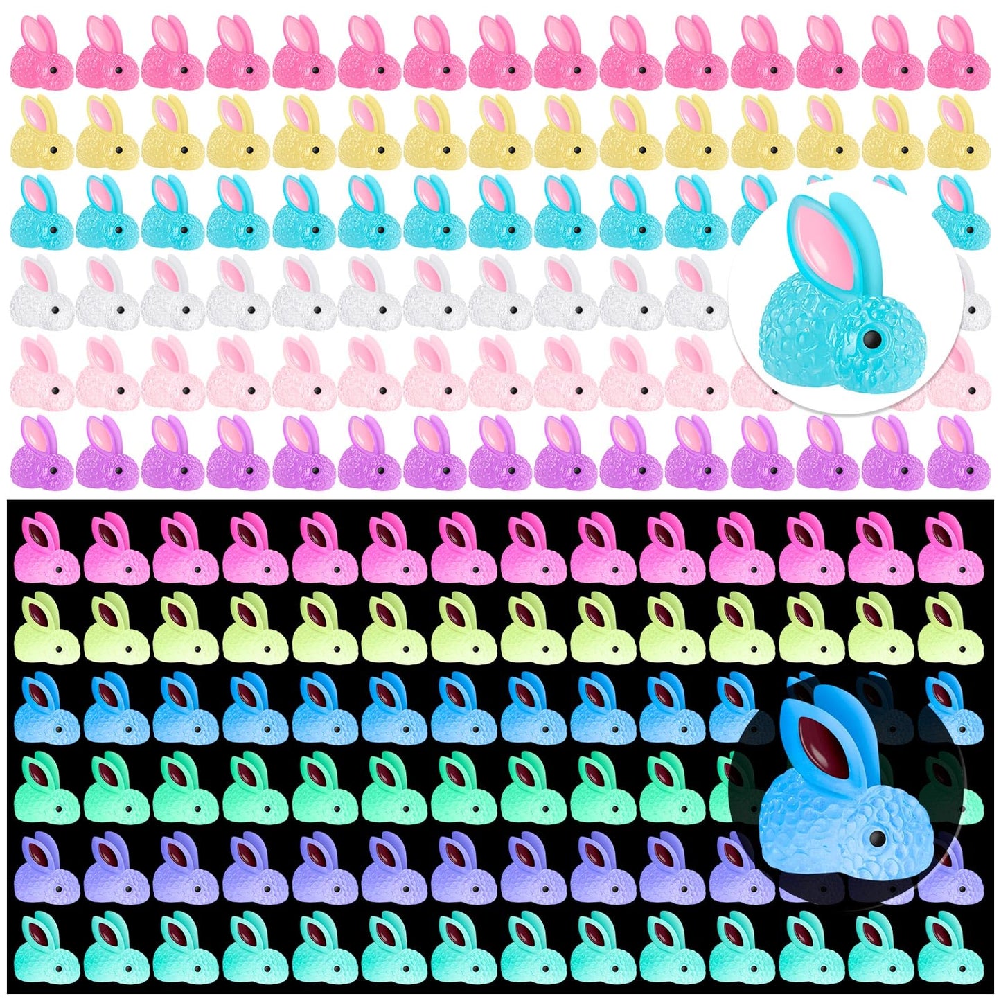 HFAYDZSW 120Pcs Luminous Mini Resin Bunny, Miniature Bunny Figurines, Glow in The Dark Tiny Rabbit Ornament for Garden Landscape