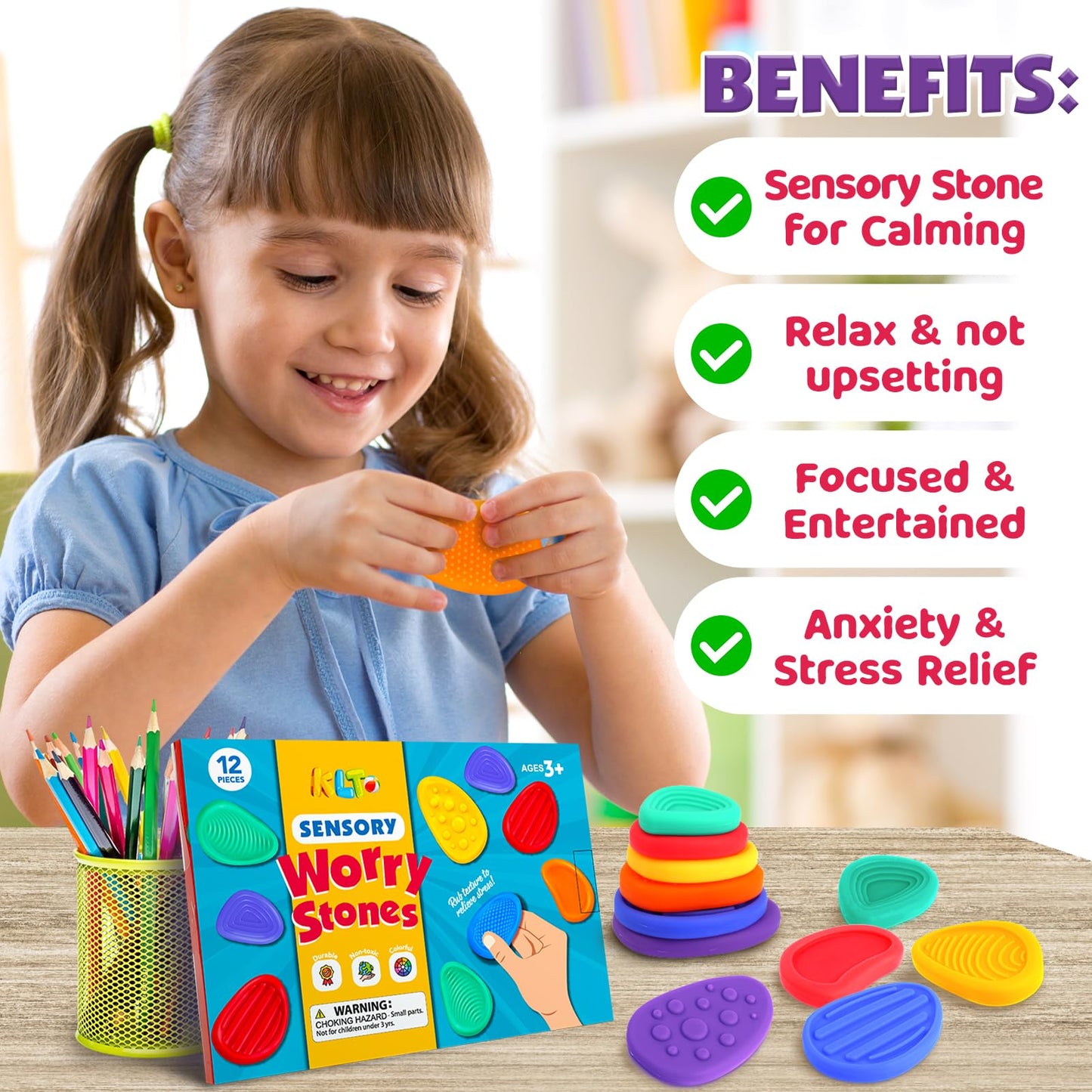 KLT Fidget Toys Sensory Stone - 12 Pack Multi-colored Texture Worry Stones for Kids, Autism Gift, Classroom Anxiety Relief