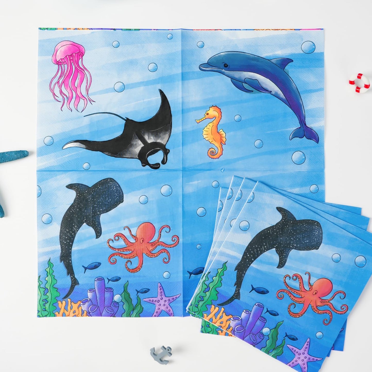 Wernnsai Ocean Party Decorations - 50 Pack Baby Shark Napkins Blue Shark Birthday Party Decorations 3-Ply Ocean Paper Napkins For Kids Boys Baby Shower Underwater Party 6.5 X 6.5 Inches