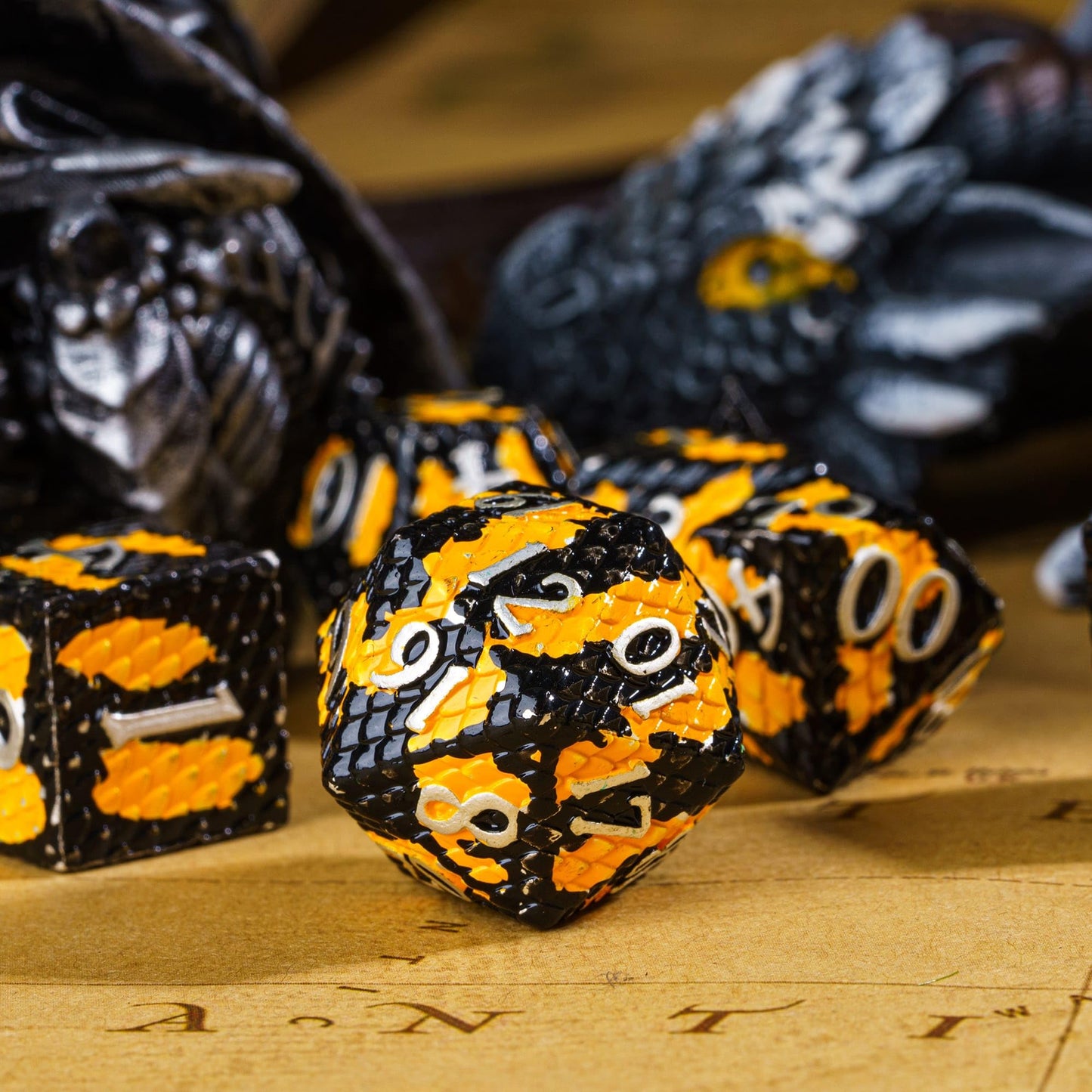 UDIXI Metal DND Dice Set Dragon Scale Polyhedral Dice D&D for Role Playing Games Dungeons and Dragons MTG (Black Orange-Silver N