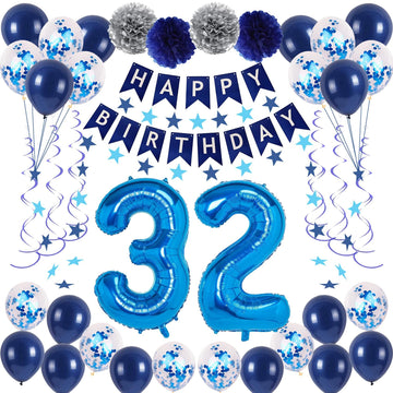 Naninuneno 32Nd Blue Birthday Party Decorations For Boy Girl Men Women, Happy 32 Birthday Balloons Supplies With Happy Birthday