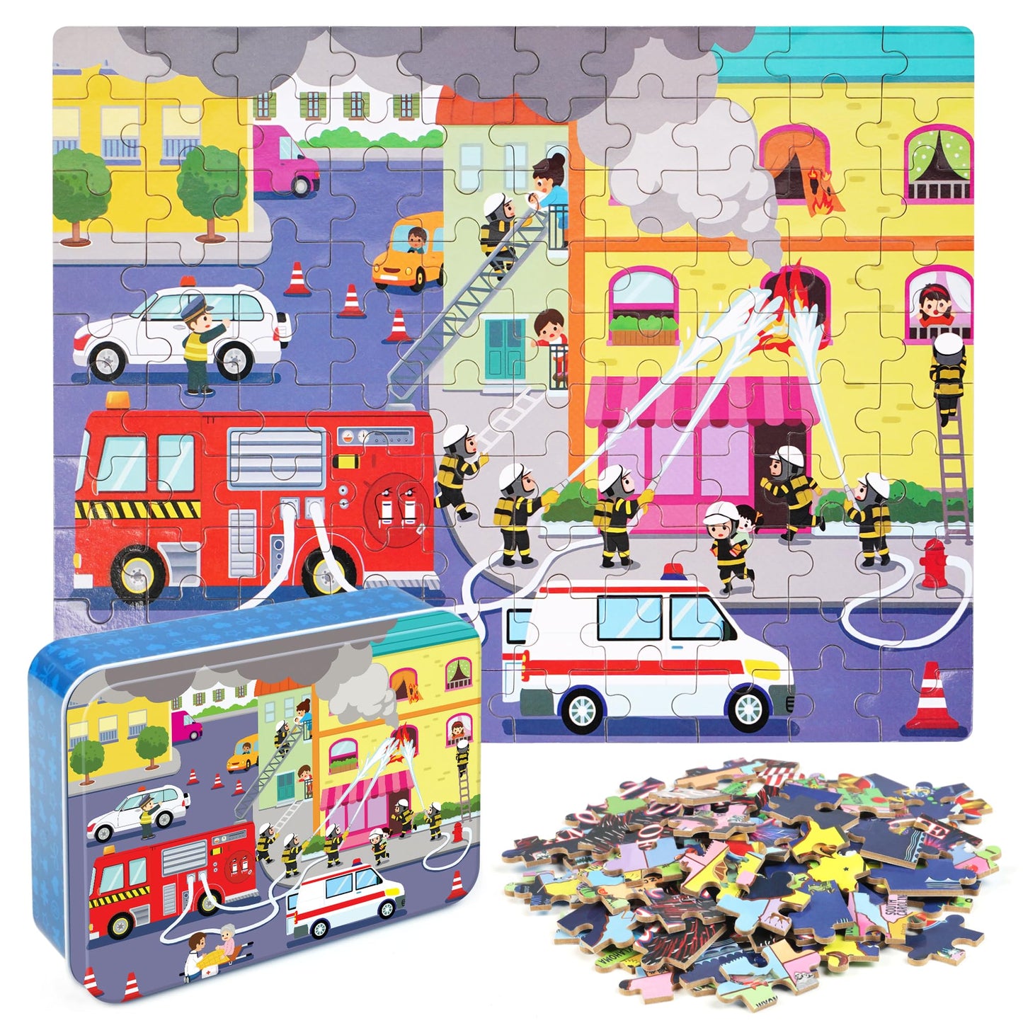 Lelemon 100 Pieces Jigsaw Puzzles In A Metal Box For Kids Age For 4-8 Boys Girls Toy Puzzles Fire Truck Ambulance Police Car Fireman Children Learning Educational Puzzles Toys