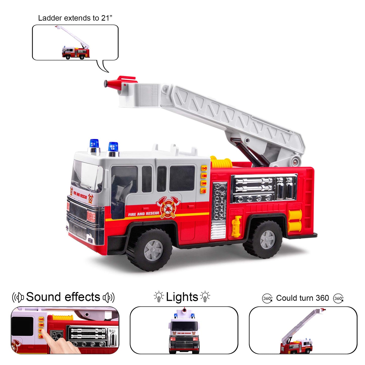 Playkidiz 15'' Fire Truck Toy for Kids with Lights and Siren Sounds, Classic Red and White Rolling Emergency Vehicle, Interactiv