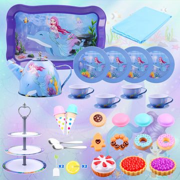 Auney 45 PCS Tea Set Toys for Girls, Mermaid Tea Party Set Toy Pretend Play Gifts for Little Girls, Girls Toys Gifts for Tea Tim