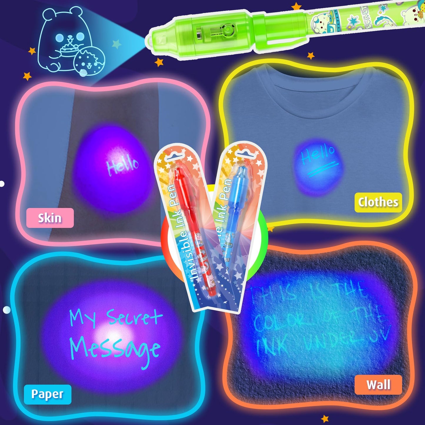GIFTINBOX Invisible Ink Pen with UV Light for Kids, 24PCS Spy Pen Party Favors for Kids 8-12, Magic Marker for Secret Message, S