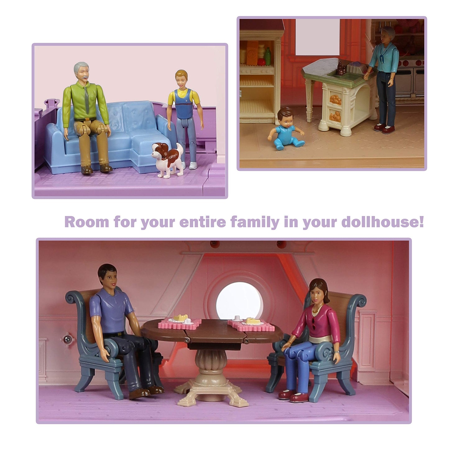 Beverly Hills Doll Collection Sweet Lil Family Friends Figures - New Addition Set Of 9 Dollhouse People - Grandma, Grandpa, Mom, Dad, Sister, Brother, Toddler, Baby And Dog
