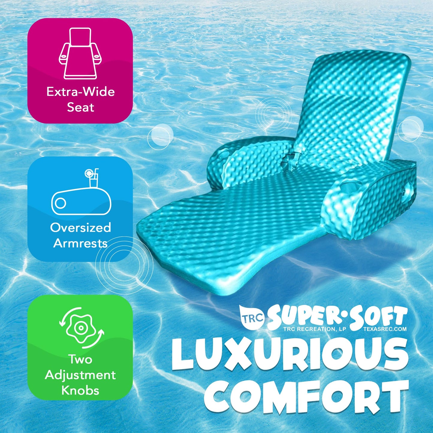 Trc Recreation Super Soft Adjustable Pool Recliner Float Portable Comfortable Chair Lounger With Cup Holders For Swimming Pool Essentials, Teal